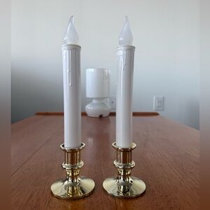 2 Battery Operated Drip Flickering Taper Candles with Gold Coloured Holder Base